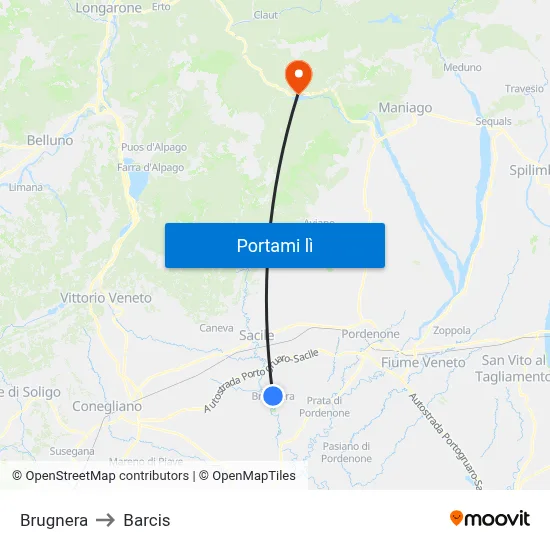 Brugnera to Barcis map
