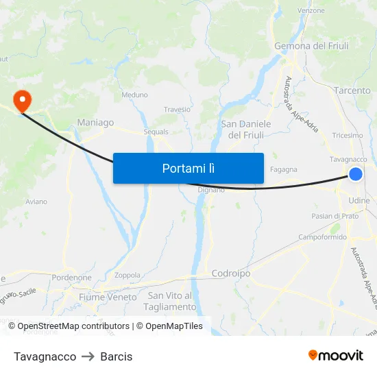 Tavagnacco to Barcis map