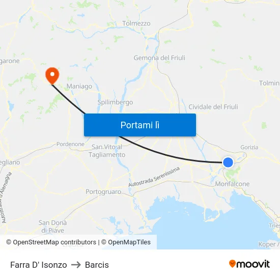 Farra D' Isonzo to Barcis map