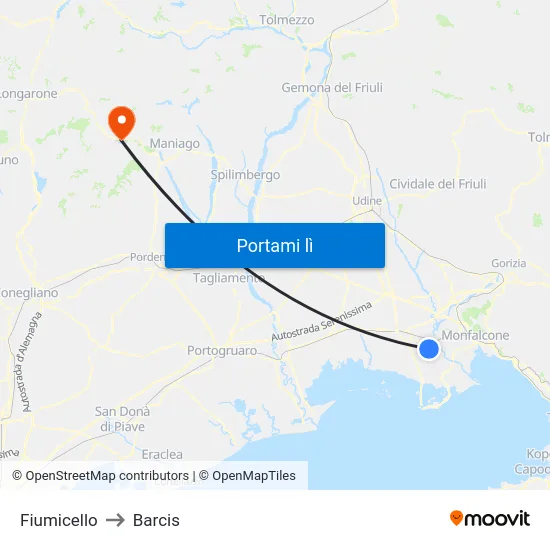 Fiumicello to Barcis map