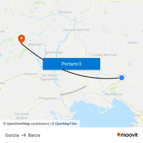 Gorizia to Barcis map
