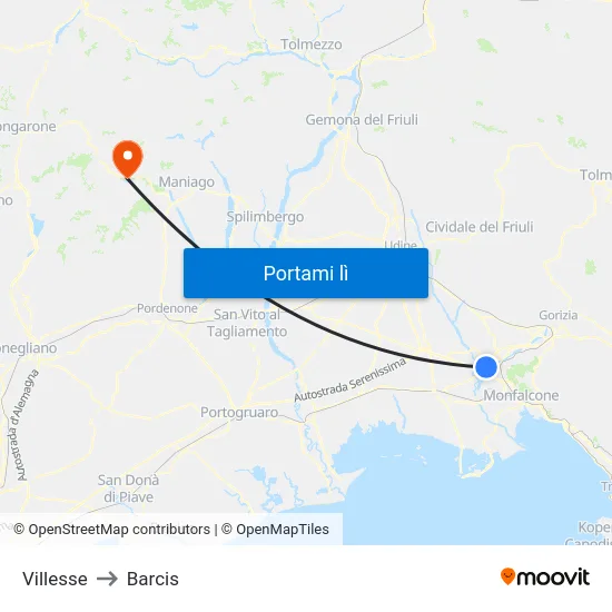 Villesse to Barcis map