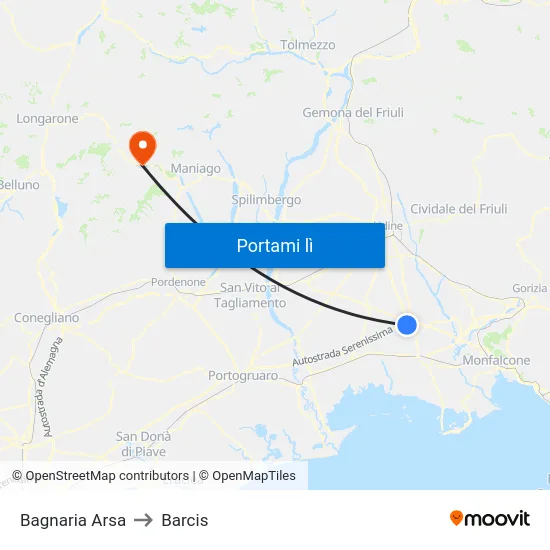 Bagnaria Arsa to Barcis map
