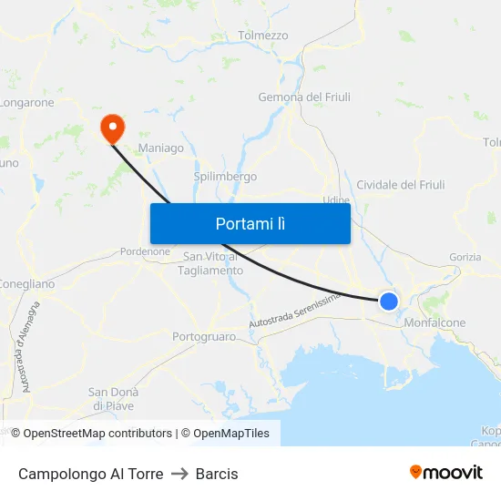 Campolongo Al Torre to Barcis map