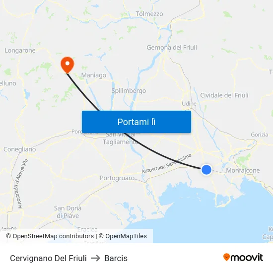 Cervignano Del Friuli to Barcis map