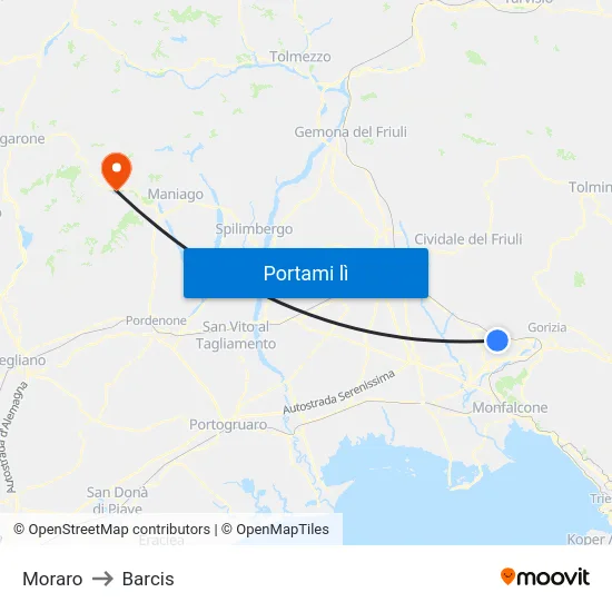 Moraro to Barcis map