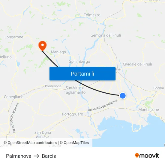 Palmanova to Barcis map