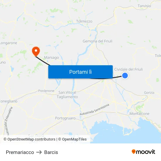 Premariacco to Barcis map