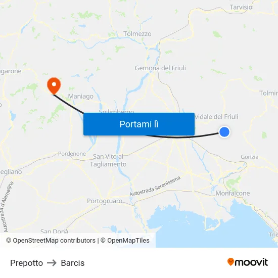 Prepotto to Barcis map