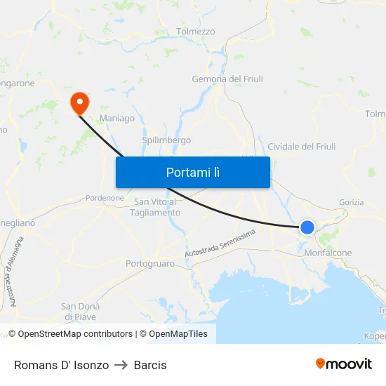 Romans D' Isonzo to Barcis map