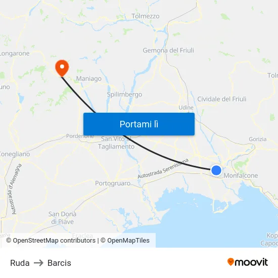 Ruda to Barcis map