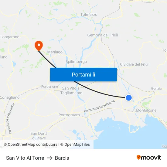 San Vito Al Torre to Barcis map