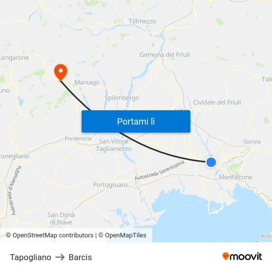 Tapogliano to Barcis map