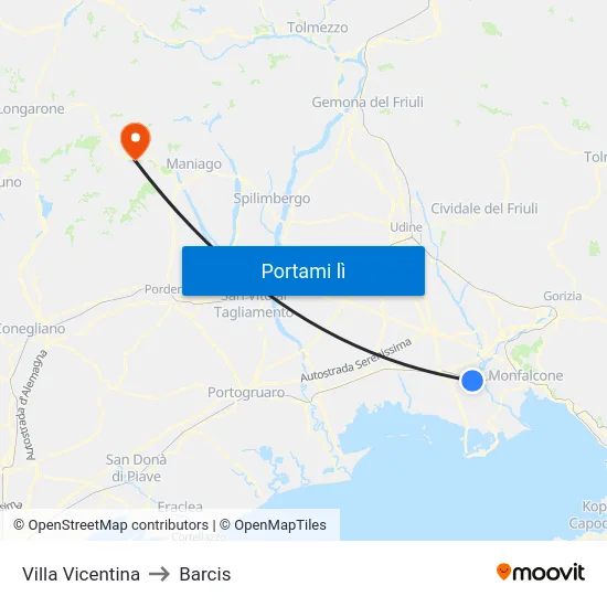 Villa Vicentina to Barcis map