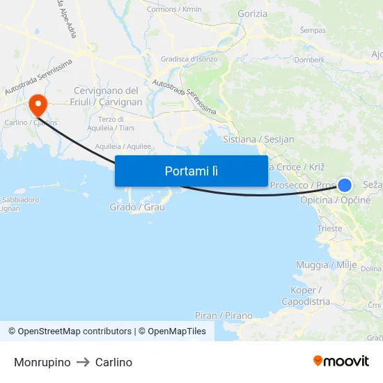 Monrupino to Carlino map