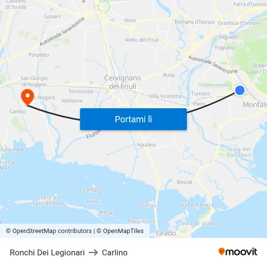 Ronchi Dei Legionari to Carlino map