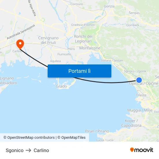 Sgonico to Carlino map