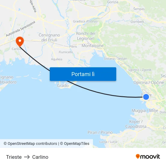 Trieste to Carlino map