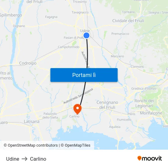 Udine to Carlino map