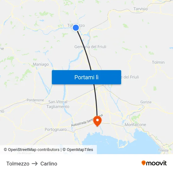 Tolmezzo to Carlino map