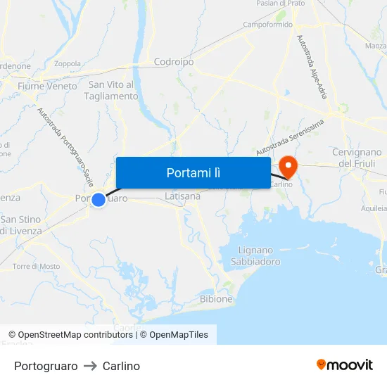Portogruaro to Carlino map