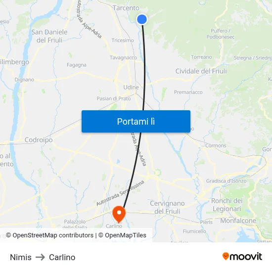 Nimis to Carlino map