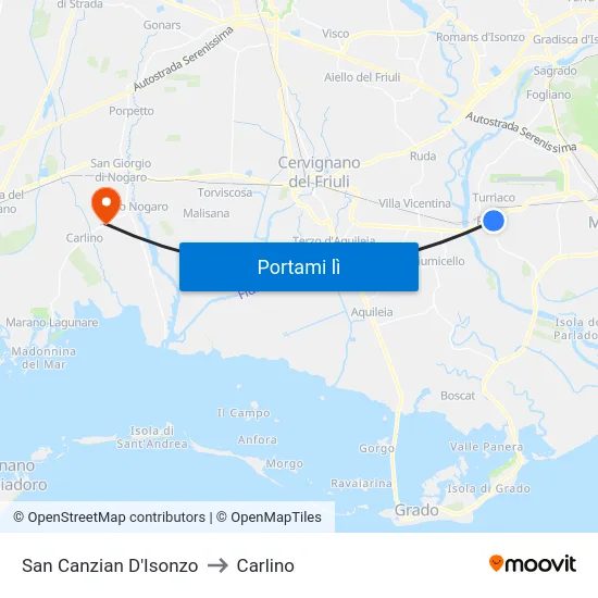 San Canzian D'Isonzo to Carlino map