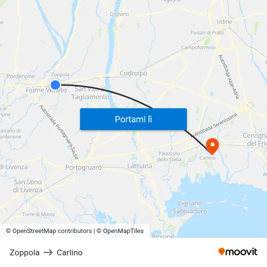 Zoppola to Carlino map