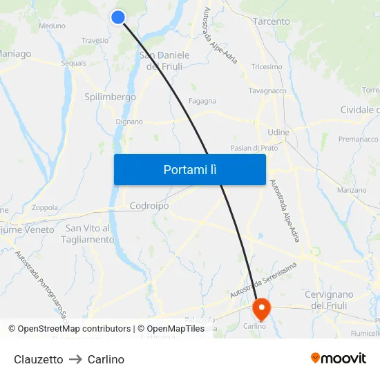 Clauzetto to Carlino map