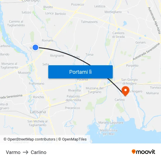 Varmo to Carlino map