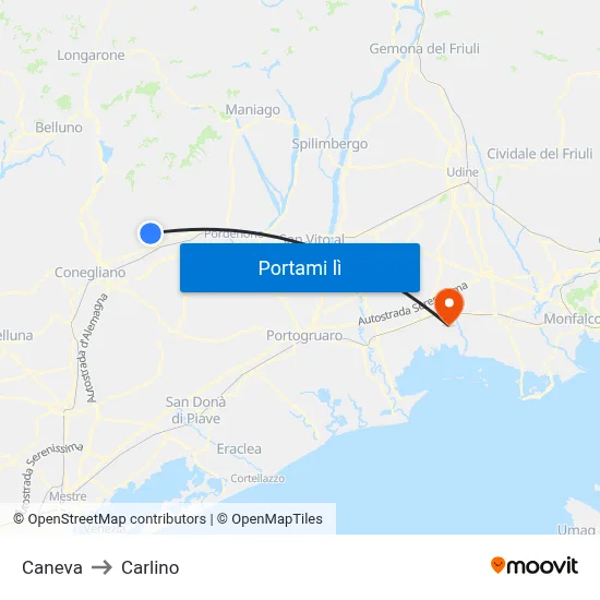 Caneva to Carlino map