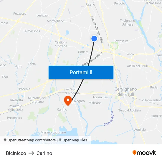Bicinicco to Carlino map