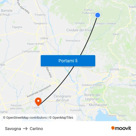 Savogna to Carlino map