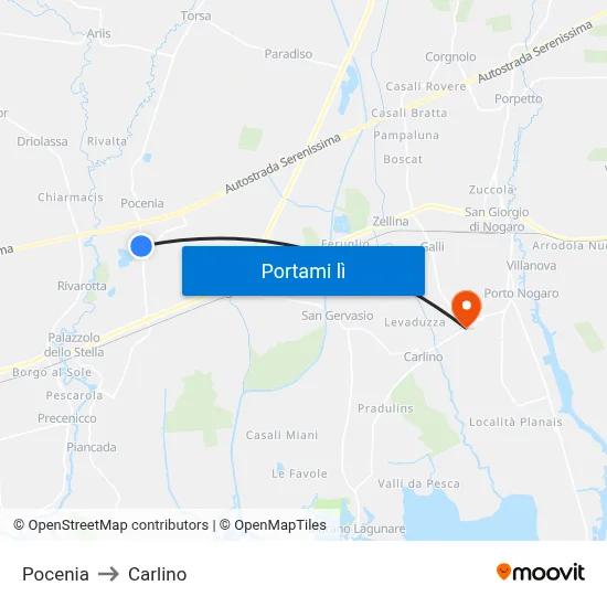 Pocenia to Carlino map