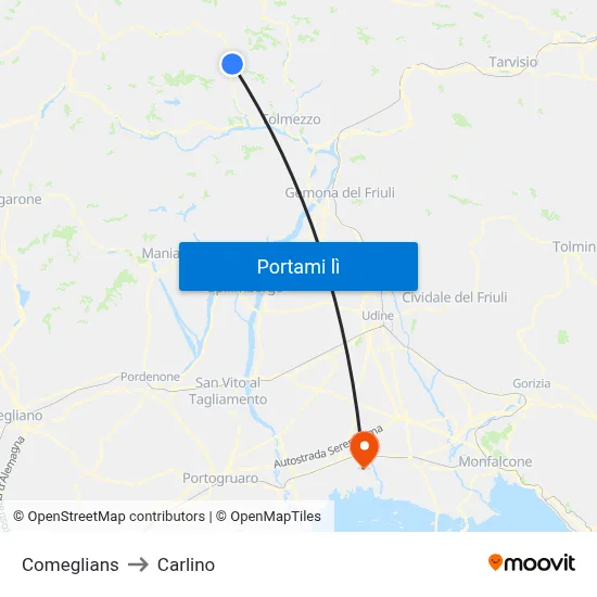 Comeglians to Carlino map