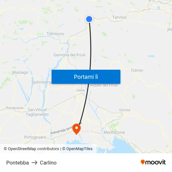 Pontebba to Carlino map