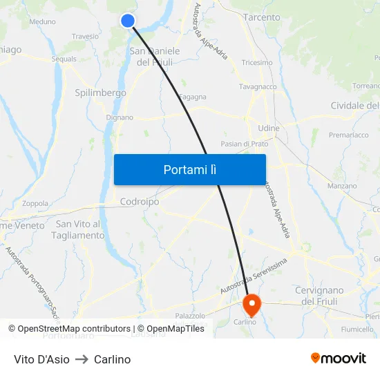 Vito D'Asio to Carlino map