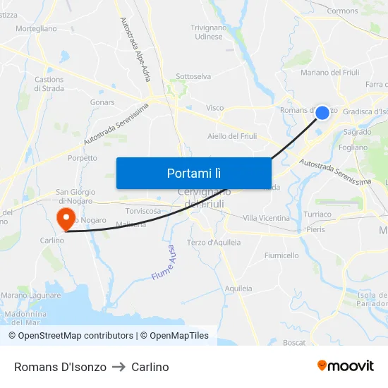 Romans D'Isonzo to Carlino map