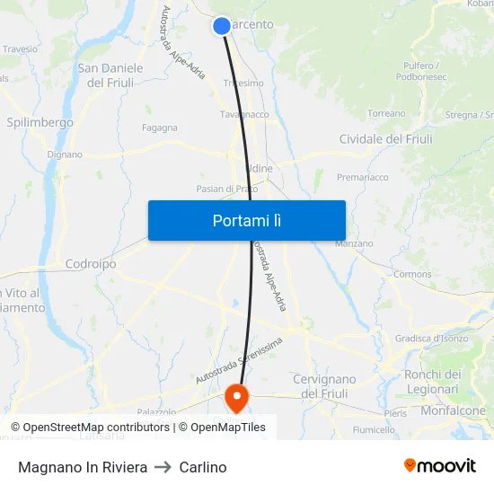 Magnano In Riviera to Carlino map