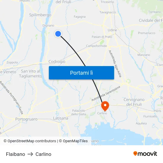 Flaibano to Carlino map