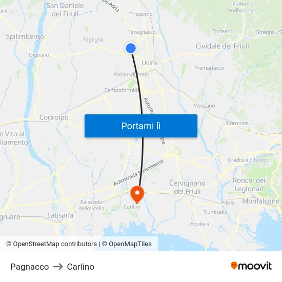 Pagnacco to Carlino map