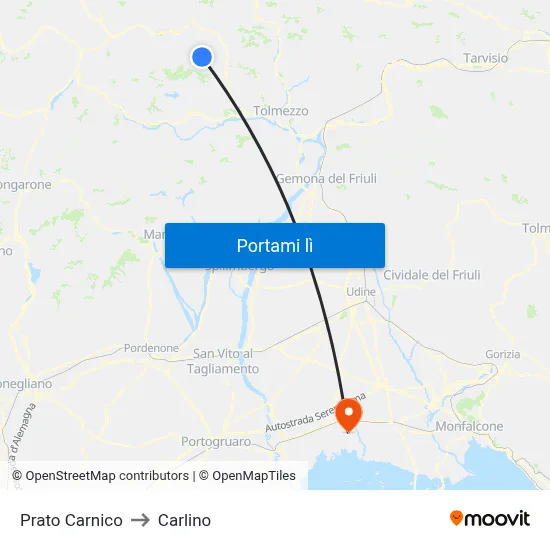 Prato Carnico to Carlino map