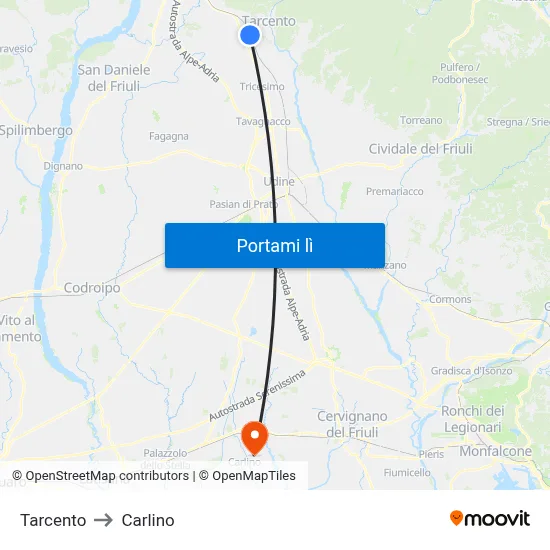 Tarcento to Carlino map