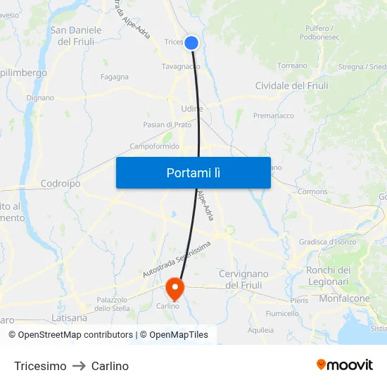 Tricesimo to Carlino map