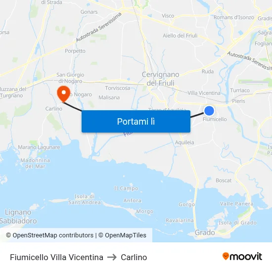 Fiumicello Villa Vicentina to Carlino map