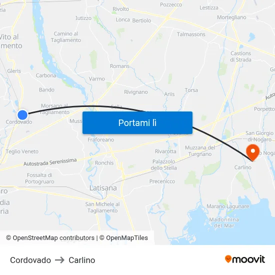 Cordovado to Carlino map