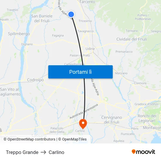 Treppo Grande to Carlino map