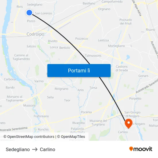 Sedegliano to Carlino map