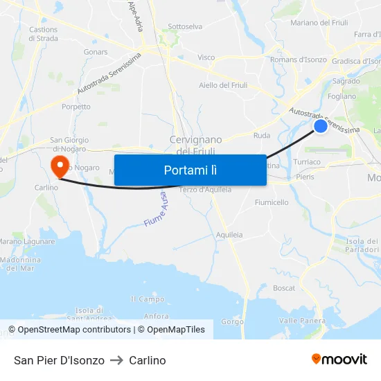 San Pier D'Isonzo to Carlino map