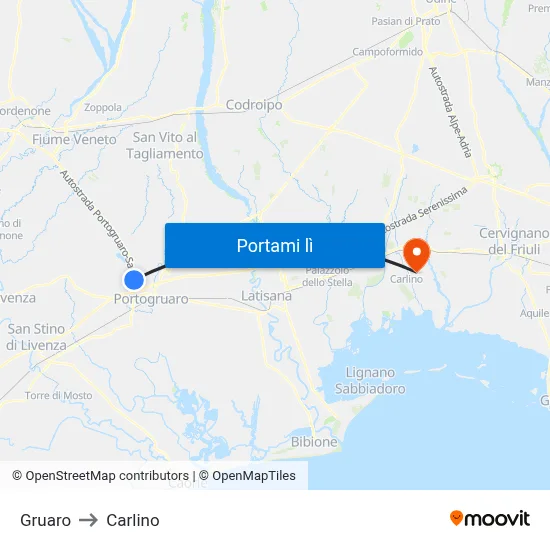 Gruaro to Carlino map